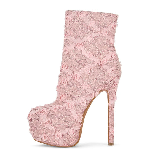 Floral Lace Ankle Boots - Stiletto Heel Side Zipper Booties