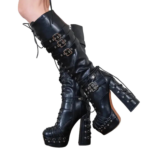 Platform Knee-High Boots - Metal Buckle Lace-Up Punk Gothic
