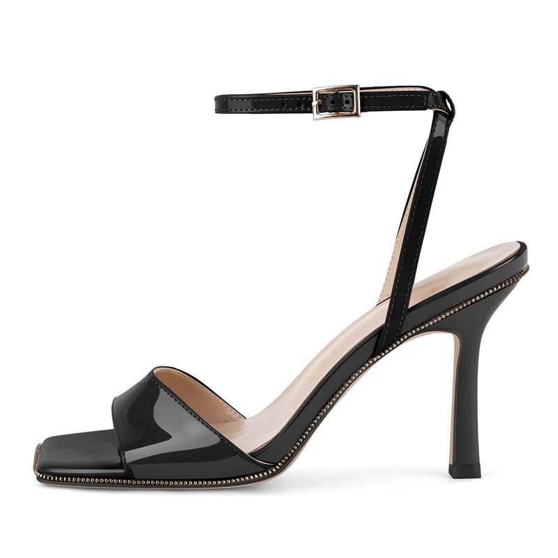 Square Toe Ankle Strap Stiletto Sandals - Hollow Design Heels