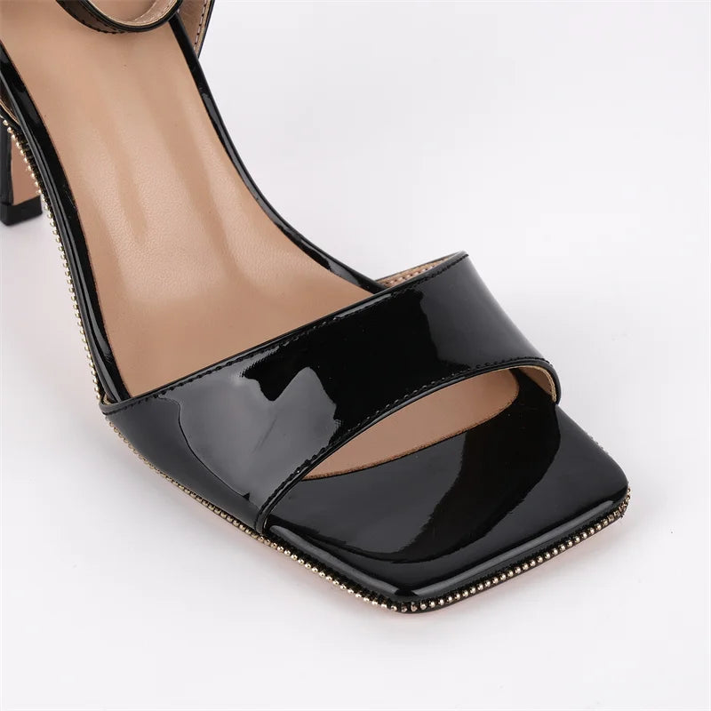 Square Toe Ankle Strap Stiletto Sandals - Hollow Design Heels
