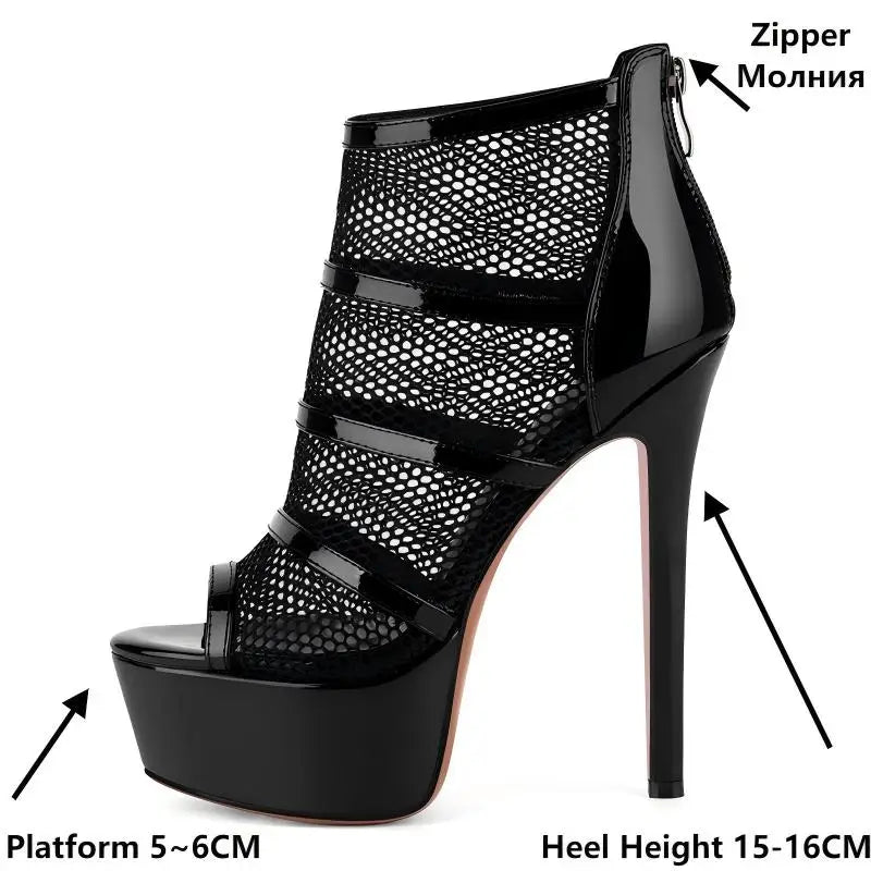 Mesh Peep Toe Platform Ankle Boots - Back Zipper Stiletto Heels