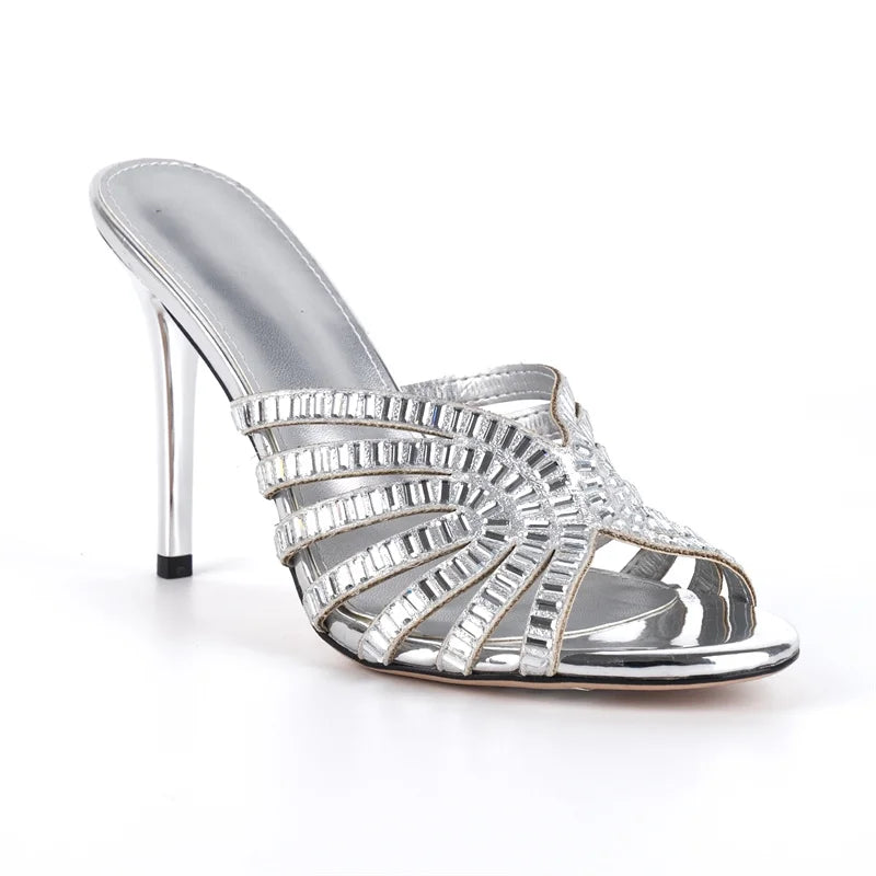 Rhinestone Peep Toe Mules - Slip-On Stiletto Heel Sandals