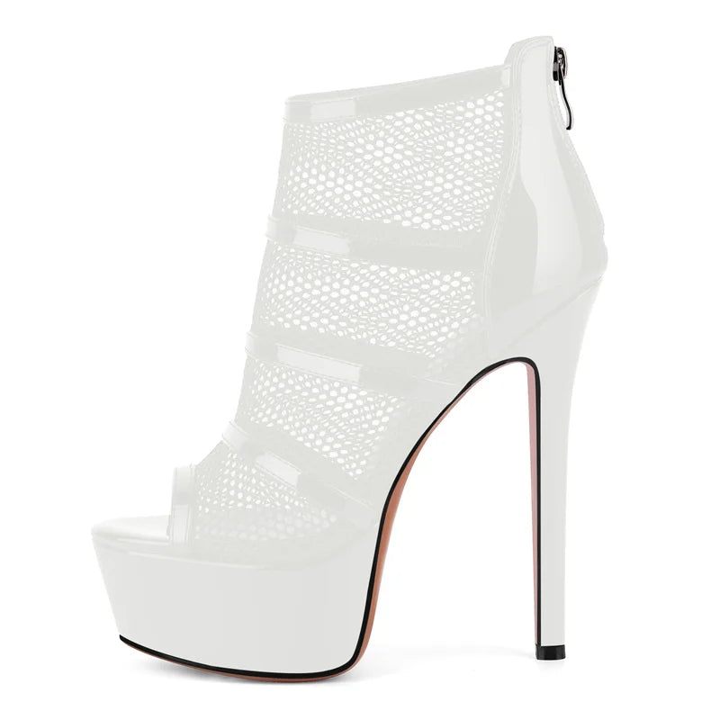 Mesh Peep Toe Platform Ankle Boots - Back Zipper Stiletto Heels
