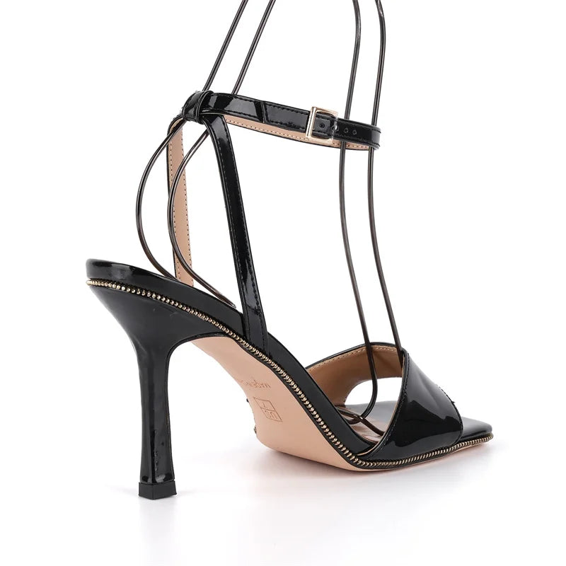 Square Toe Ankle Strap Stiletto Sandals - Hollow Design Heels