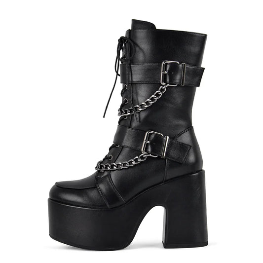 Platform Ankle Boots - Metal Chain Buckle Lace-Up Punk Booties