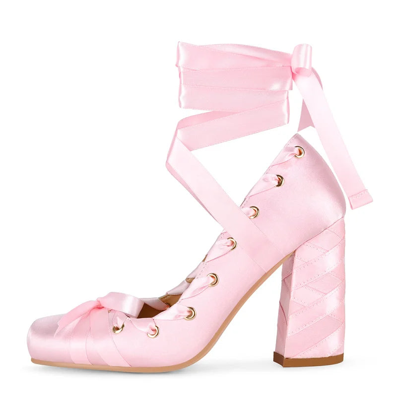 Satin Square Toe Pumps - Lace-Up Ankle Strap Stiletto Heels