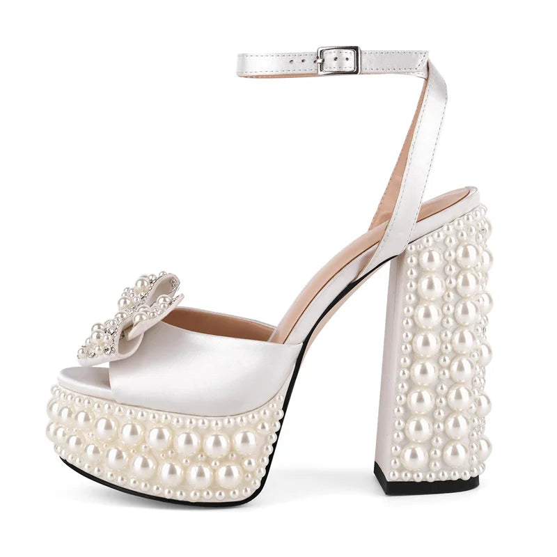 Pearl Embellished Platform Ankle Strap Sandals - Slingback Heels