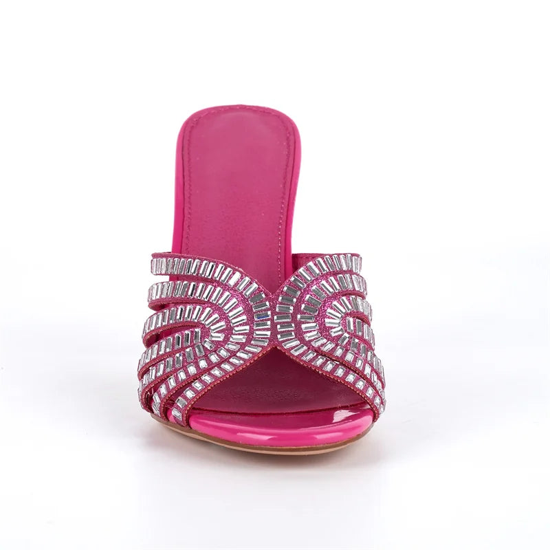 Rhinestone Peep Toe Mules - Slip-On Stiletto Heel Sandals