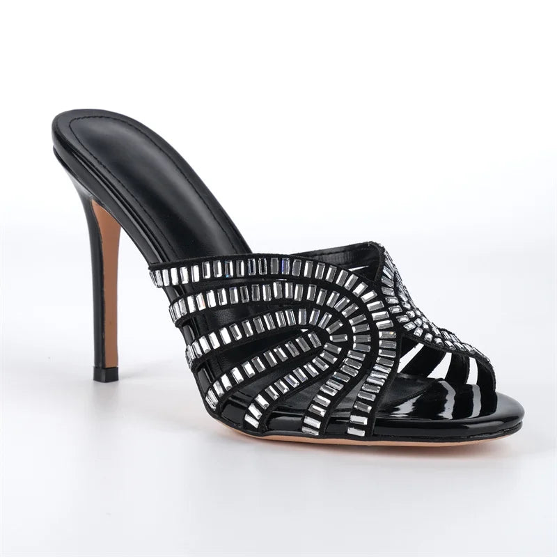 Rhinestone Peep Toe Mules - Slip-On Stiletto Heel Sandals