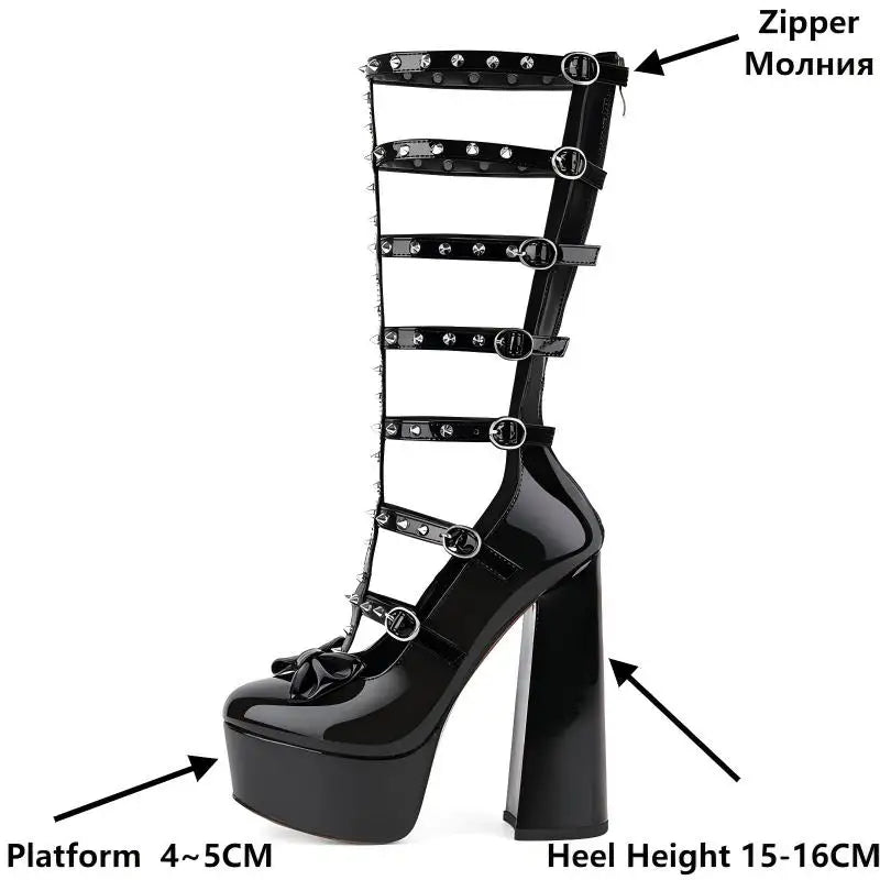 Patent Leather Mid-Calf Platform Boots - Buckle Strap Punk Heels