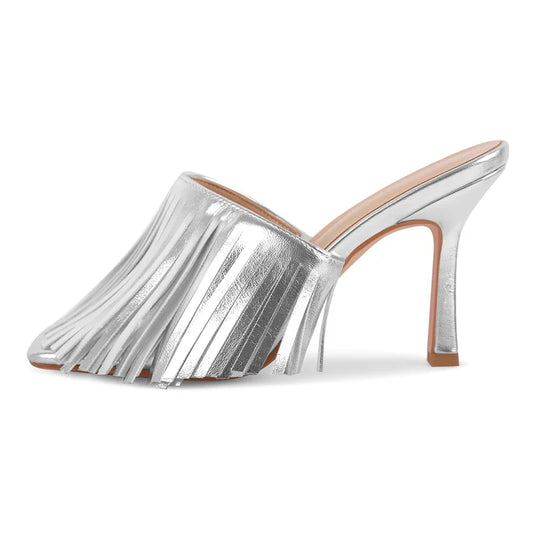 Fringe Fantasy Mule Heels – Metallic Showstopper Slides