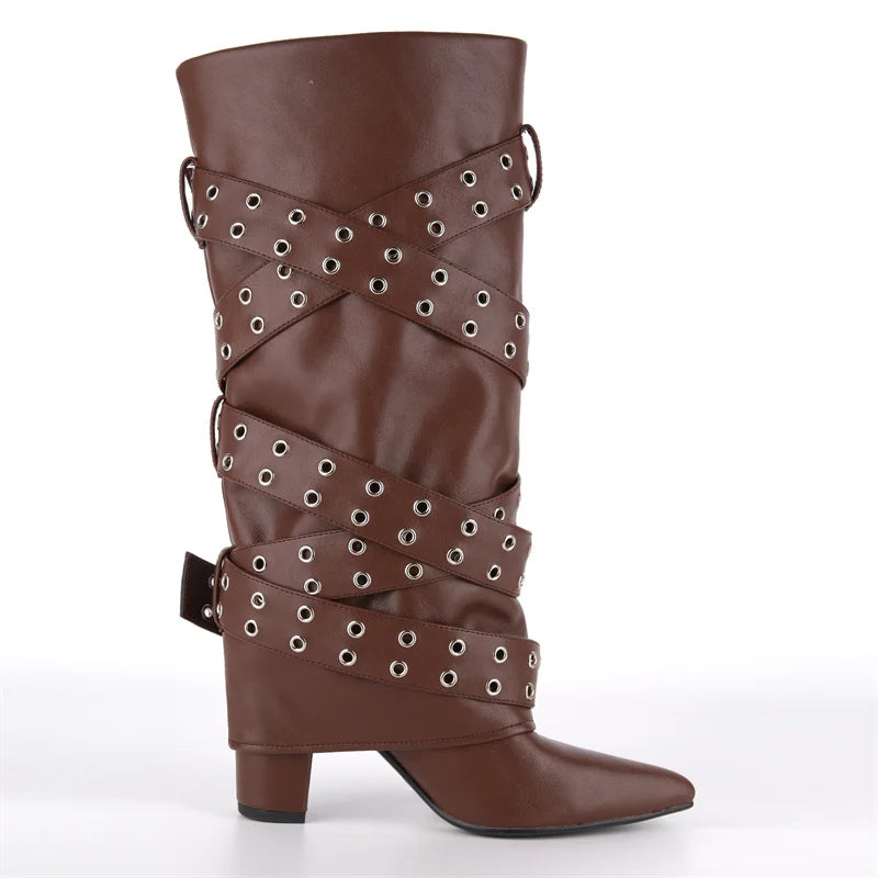 Mid-Calf Boots - Fold-Over Buckle Strap Chunky Heel Boots