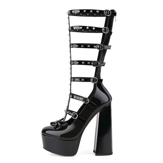 Patent Leather Mid-Calf Platform Boots - Buckle Strap Punk Heels