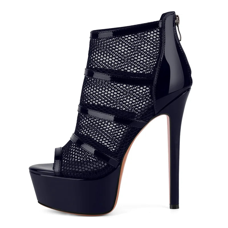 Mesh Peep Toe Platform Ankle Boots - Back Zipper Stiletto Heels