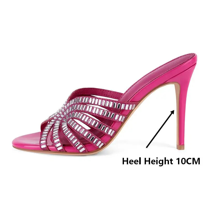 Rhinestone Peep Toe Mules - Slip-On Stiletto Heel Sandals