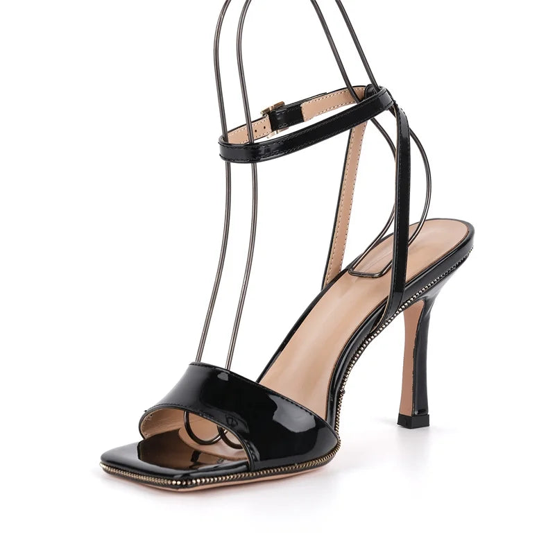 Square Toe Ankle Strap Stiletto Sandals - Hollow Design Heels