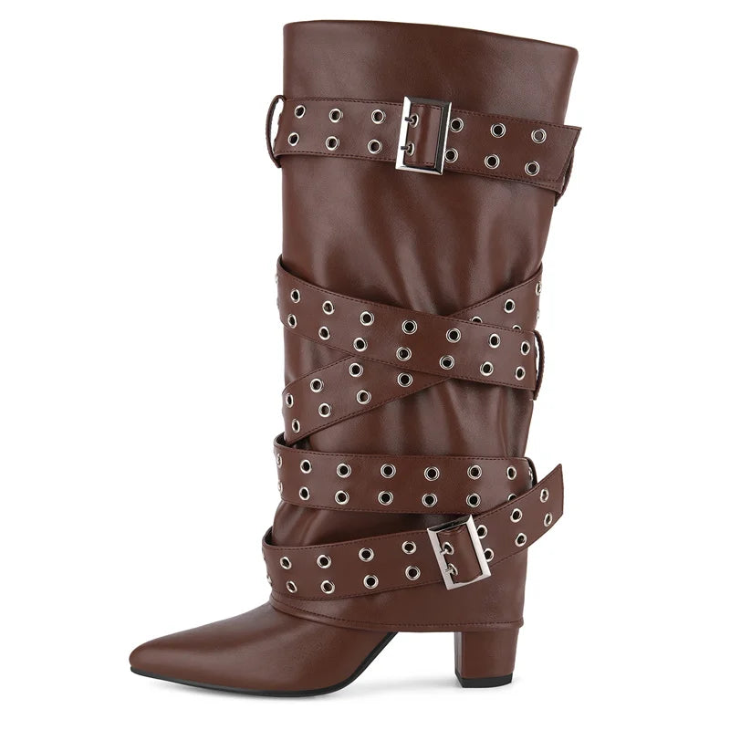 Mid-Calf Boots - Fold-Over Buckle Strap Chunky Heel Boots