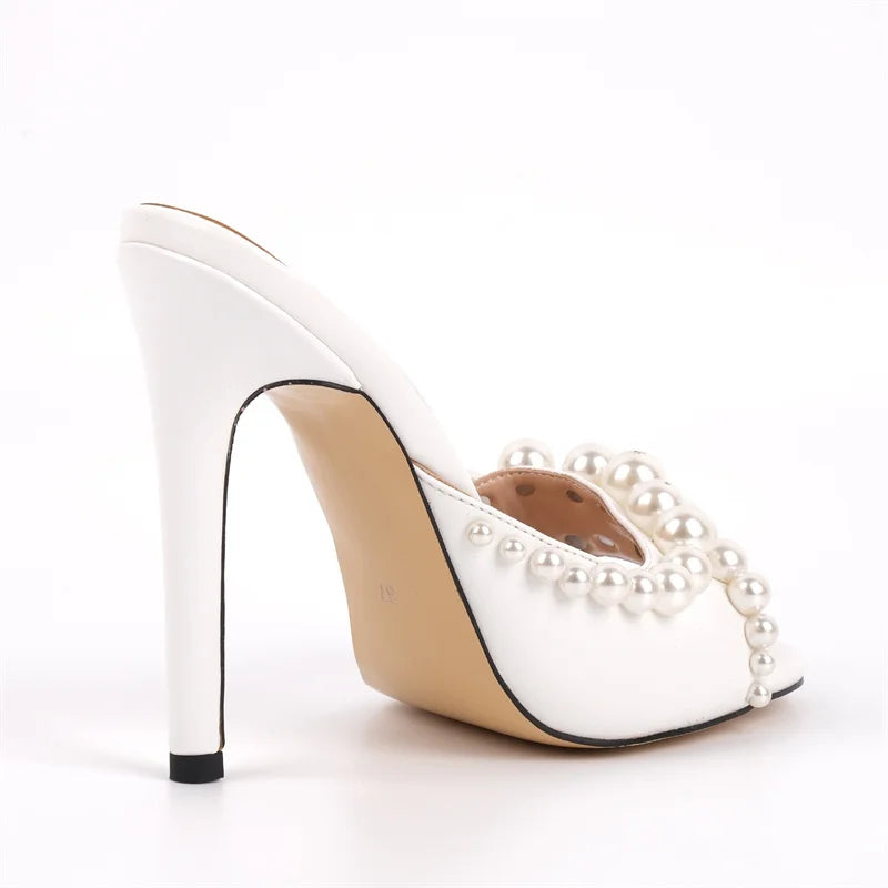 Satin Pearl Stiletto Mules – Slip-On Heels for Drag Queens