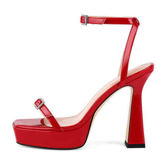 Patent Leather Square Toe Platform Sandals - Ankle Strap Stiletto Heels