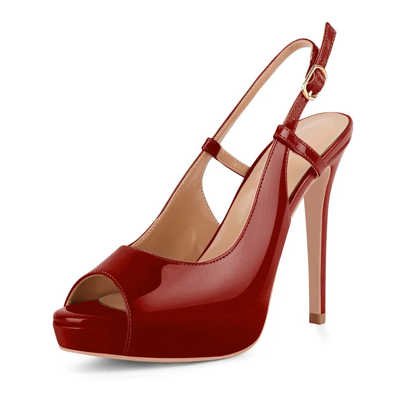 Patent Leather Peep Toe Platform Stiletto Sandals - Ankle Strap Heels