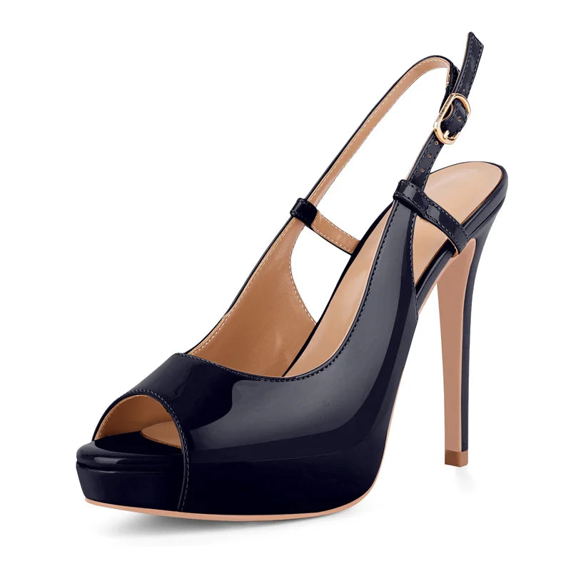 Patent Leather Peep Toe Platform Stiletto Sandals - Ankle Strap Heels