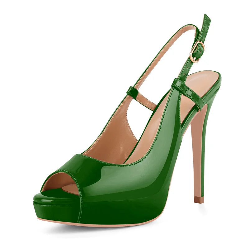 Patent Leather Peep Toe Platform Stiletto Sandals - Ankle Strap Heels