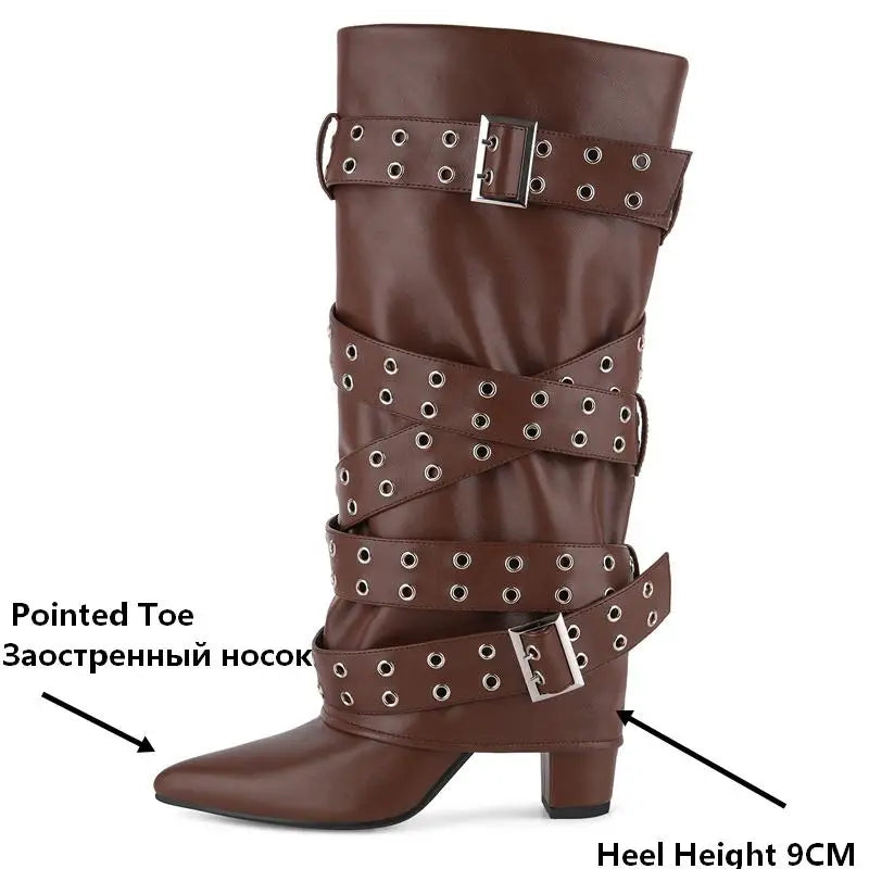 Mid-Calf Boots - Fold-Over Buckle Strap Chunky Heel Boots