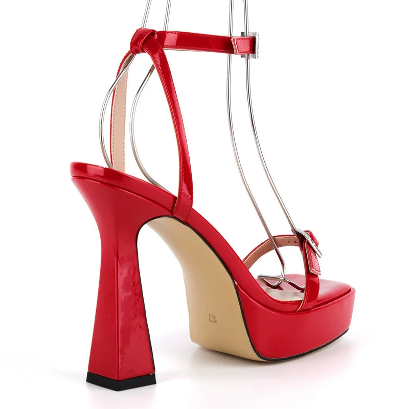 Patent Leather Square Toe Platform Sandals - Ankle Strap Stiletto Heels