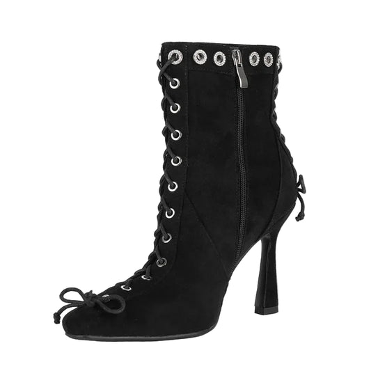 Square Toe Ankle Boots - Butterfly Bow Side Zipper Boots