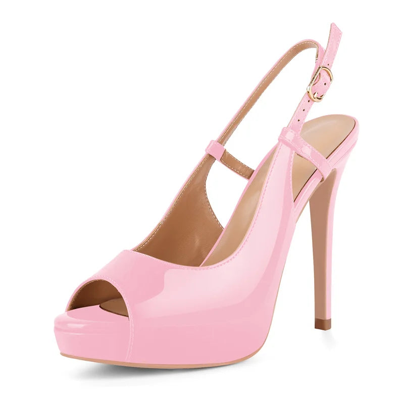 Patent Leather Peep Toe Platform Stiletto Sandals - Ankle Strap Heels