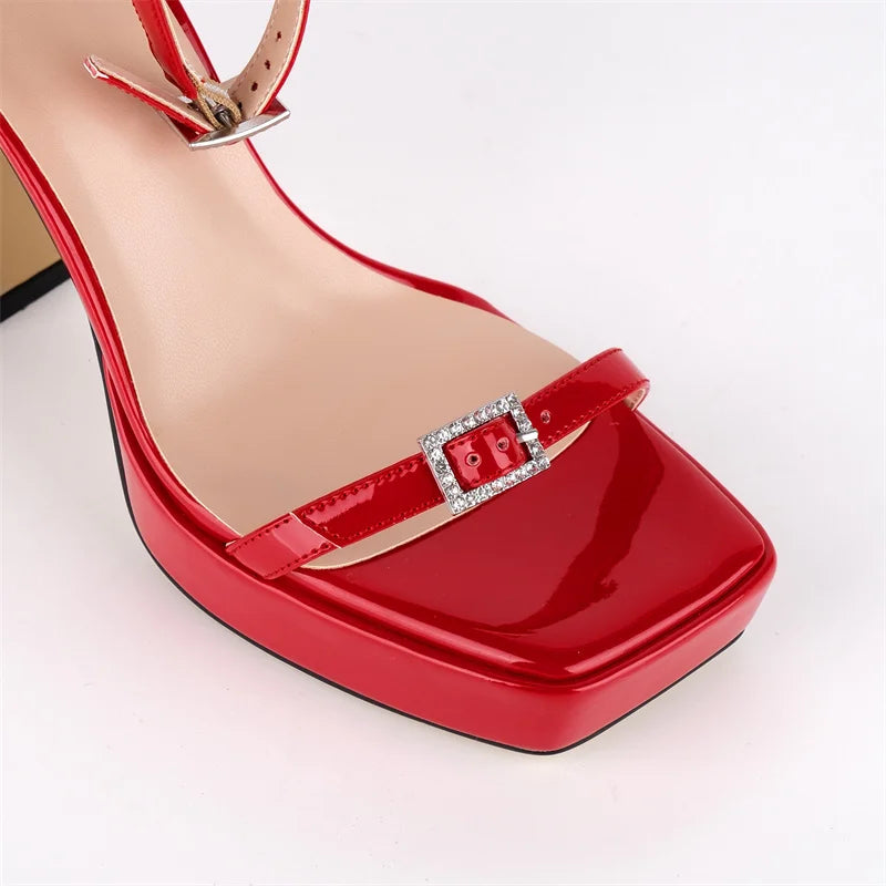 Patent Leather Square Toe Platform Sandals - Ankle Strap Stiletto Heels