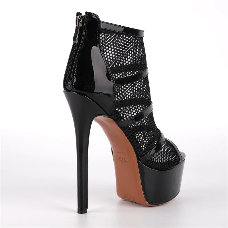 Mesh Peep Toe Platform Ankle Boots - Back Zipper Stiletto Heels
