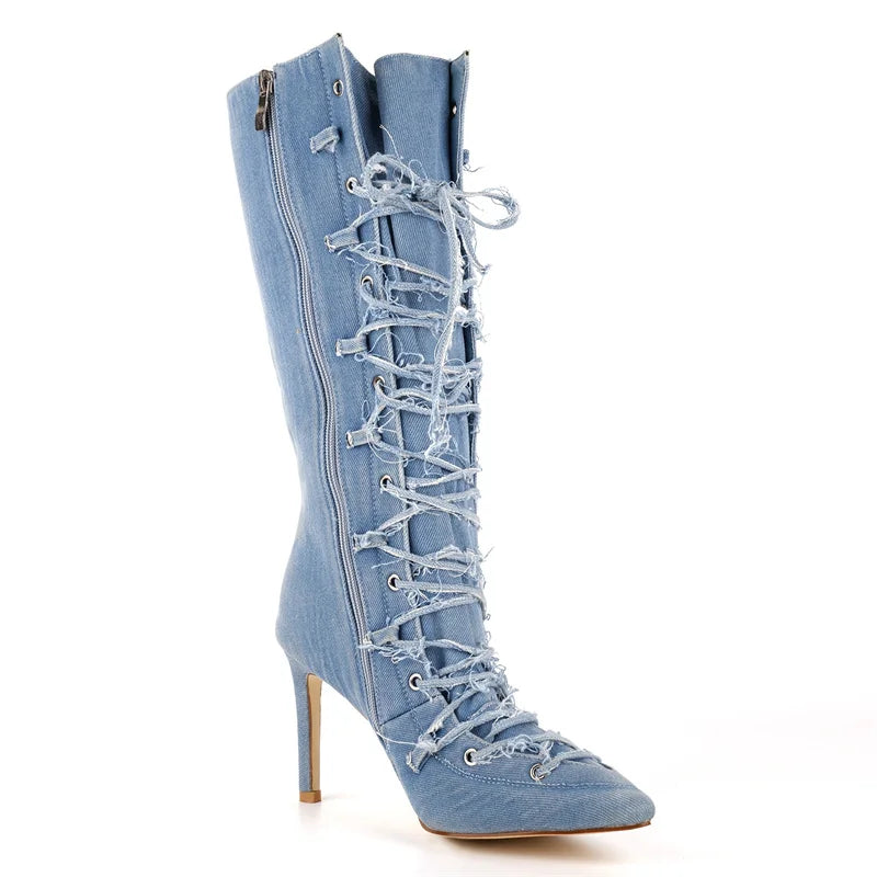 Denim Pointed Toe Ankle Boots - Side Zipper Stiletto Heels