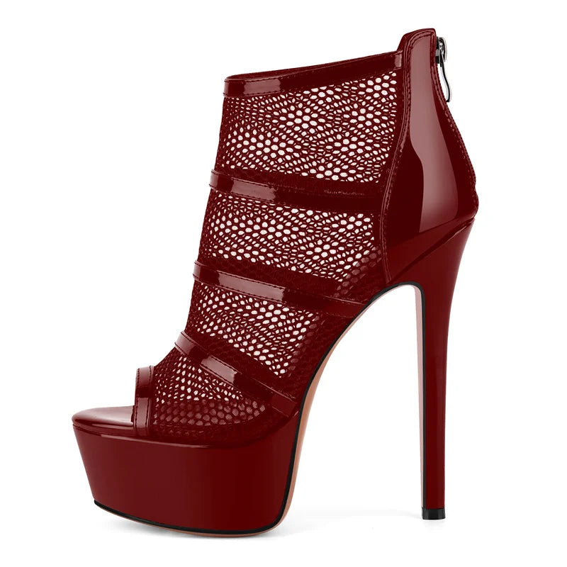 Mesh Peep Toe Platform Ankle Boots - Back Zipper Stiletto Heels
