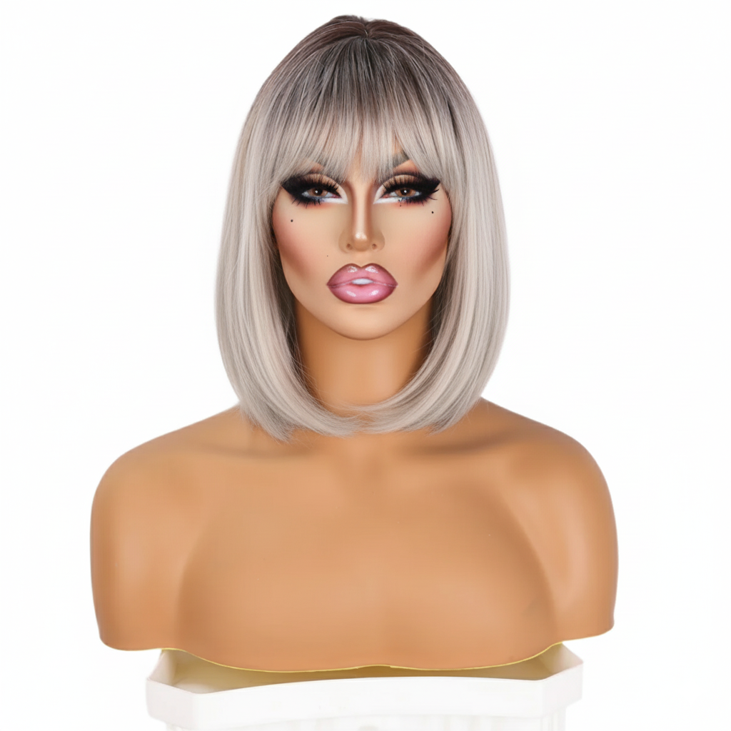 PLATINUM ICE Blunt-Cut Bob Wig with Bangs | 12" Heat-Safe Synthetic Lace Front Drag Essential