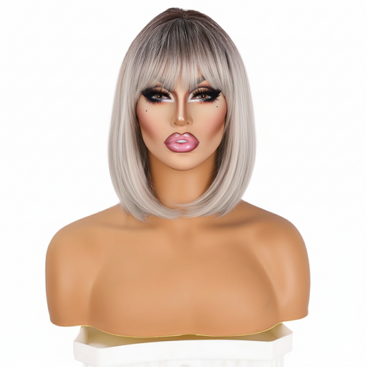 PLATINUM ICE Blunt-Cut Bob Wig with Bangs | 12" Heat-Safe Synthetic Lace Front Drag Essential