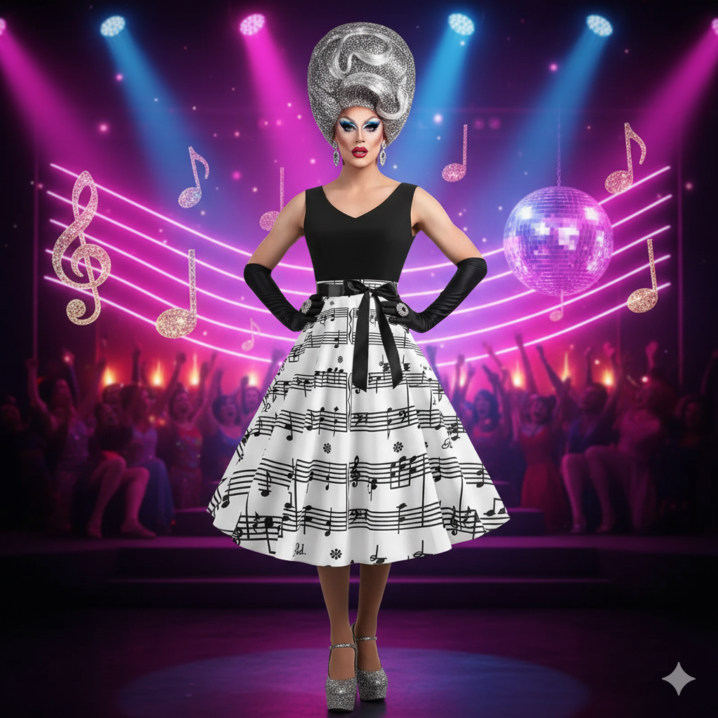Symphony Slay Queen Dress: Retro Music Note Print with Belt for Fierce Drag Performances & Wig-Snatching Entrances!