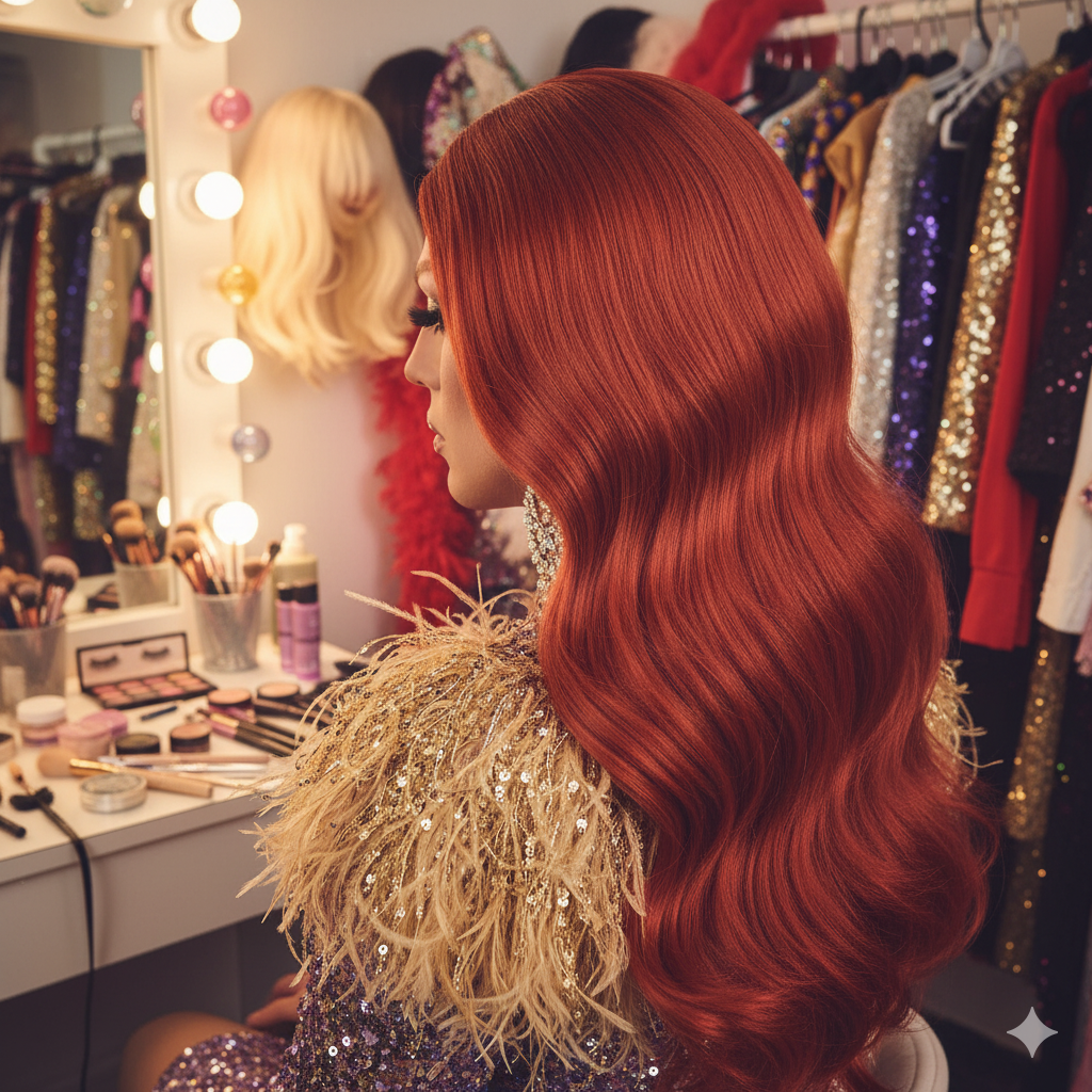 Copper Red Wavy Wig - Glamorous Long Cosplay Hair for Retro Queens