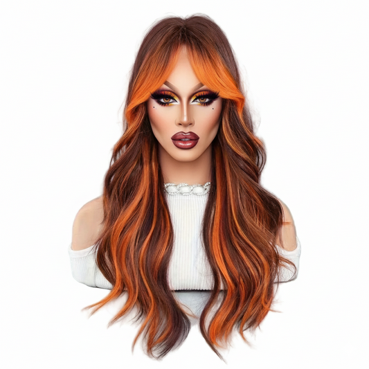 SNATCHED CROWN: 26" Long Loose Wave Copper Fire Wig with Orange Money Pieces & Bangs – Heat-Resistant, High-Density, Lace-Ready Drag Essential
