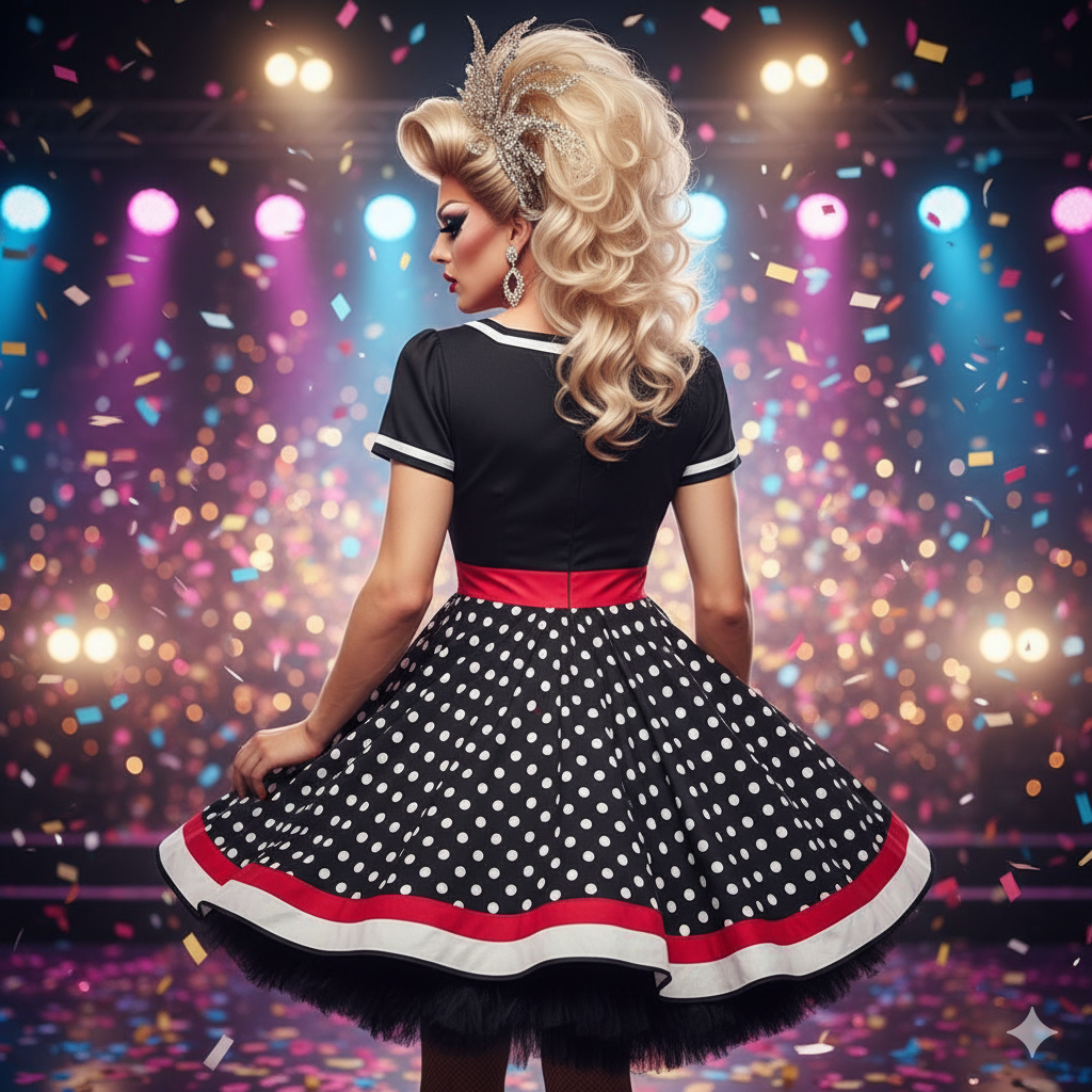 Percey Ferance Polka Dot Dress - Retro Vintage Flare for Drag Queens to Slay the Runway in Black or Red