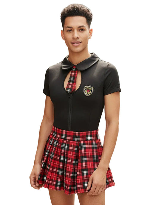 Schoolgirl Uniform Top with Plaid Pleated Mini Skirt
