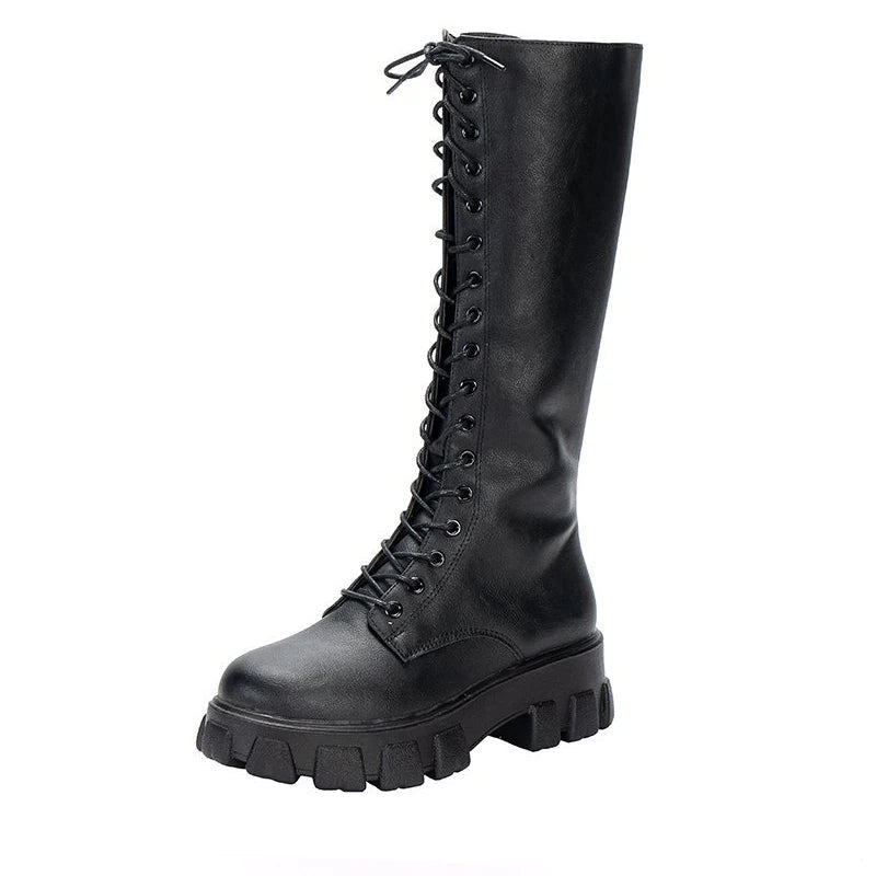 Lace-Up Knee-High Platform Boot – Patent Leather Drag Boots | Black & White | US 5–12