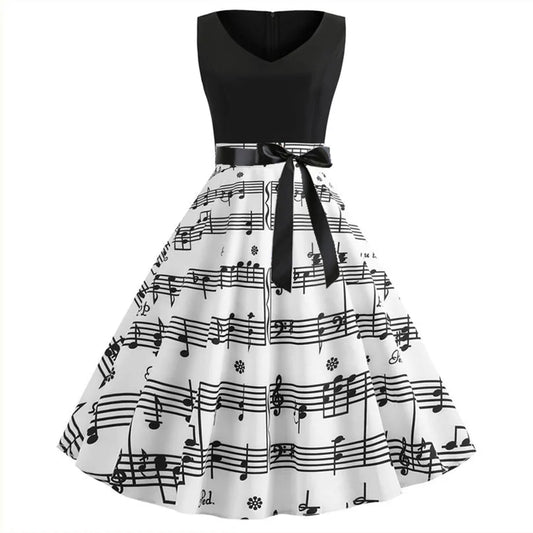 Symphony Slay Queen Dress: Retro Music Note Print with Belt for Fierce Drag Performances & Wig-Snatching Entrances!