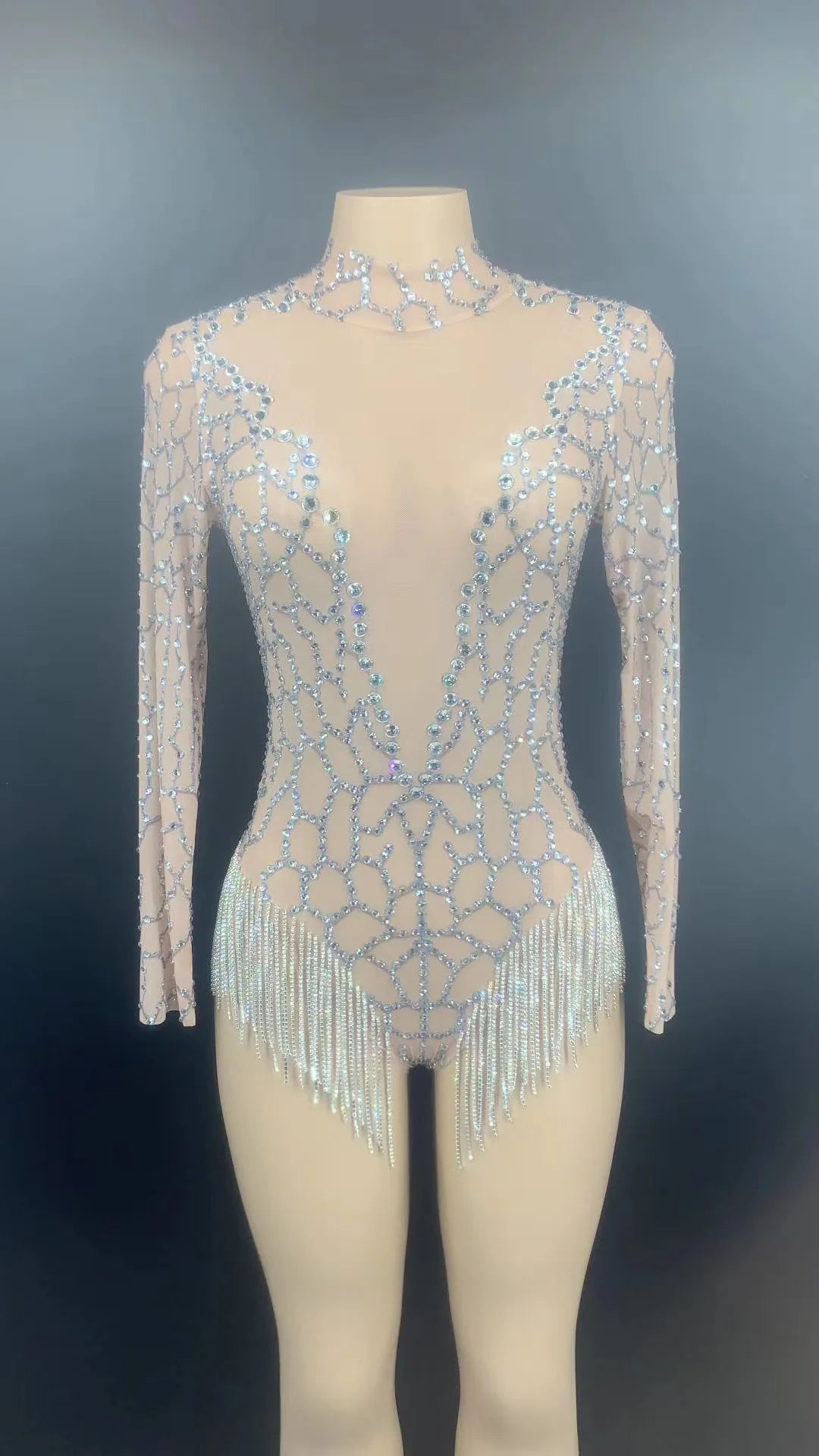 GlitterGlam Extravaganza: Mesmerize in Sparkling Rhinestones & Fringes Bodysuit for Fabulous Kings!