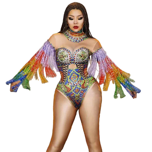 Rhinestone Corset Bodysuit with Rainbow Fringe Sleeves – Drag Queen Stage Leotard