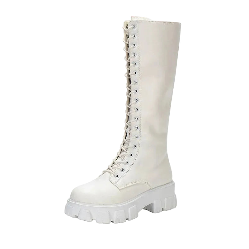 Lace-Up Knee-High Platform Boot – Patent Leather Drag Boots | Black & White | US 5–12