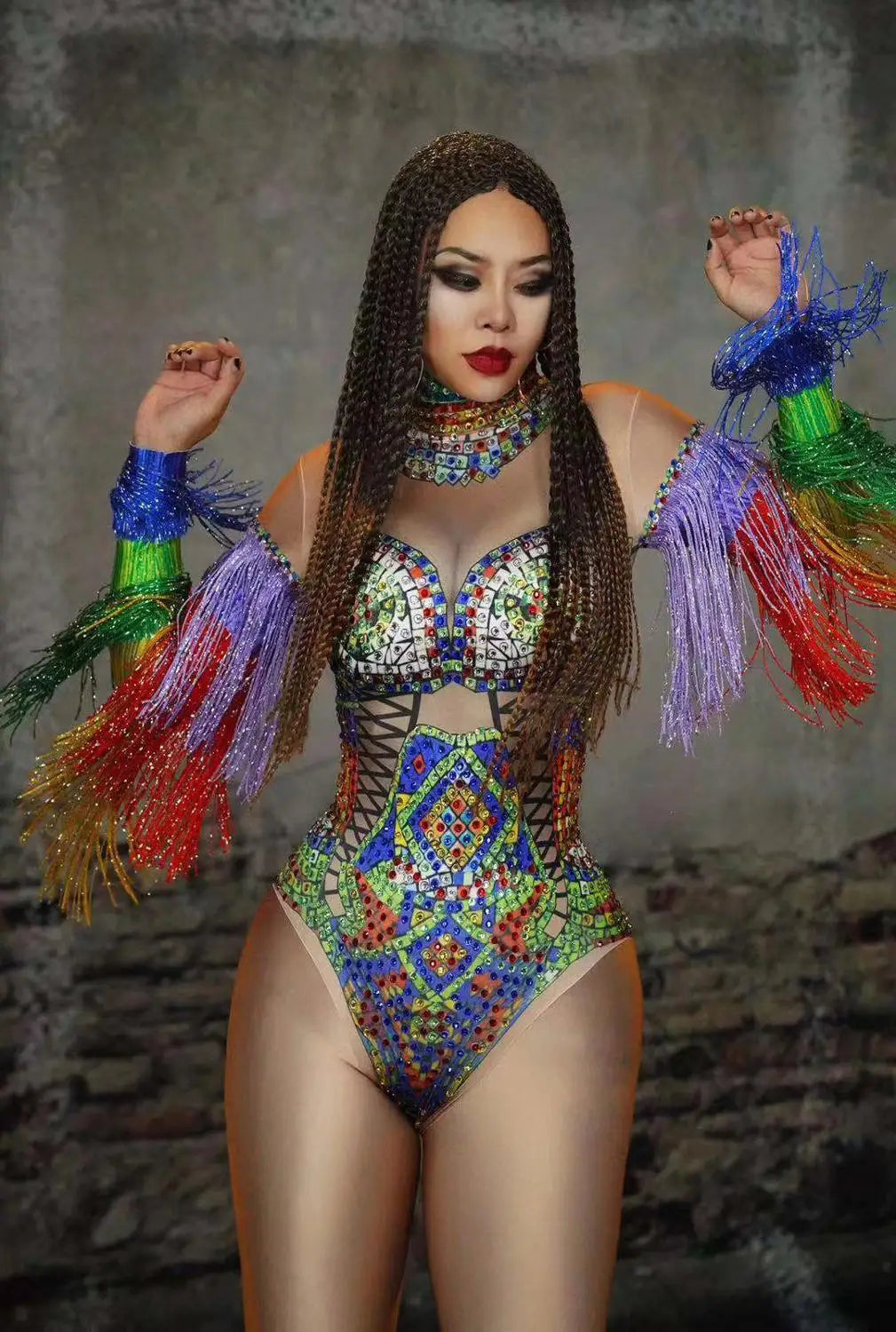 Rhinestone Corset Bodysuit with Rainbow Fringe Sleeves – Drag Queen Stage Leotard