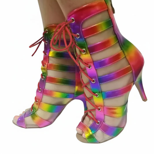 Rainbow Lace-Up Heeled Dance Boots – Drag Queen Performance Heels