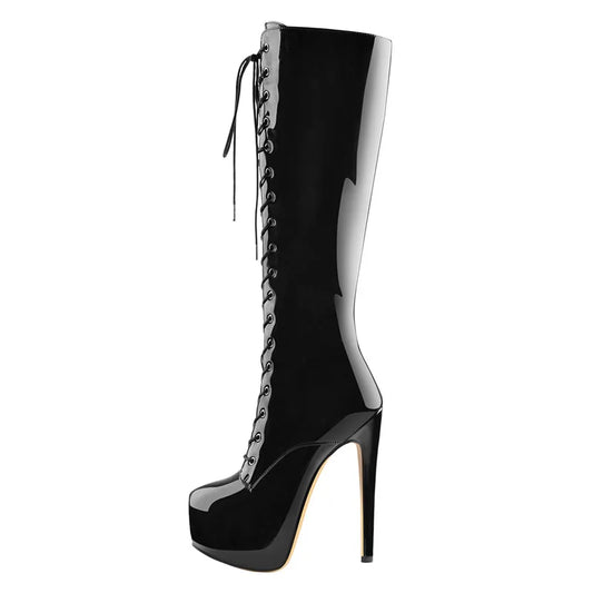 Pointed Toe Platform Knee-High Boots - Lace-Up Side Zipper Heels