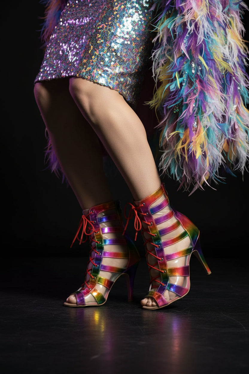 Rainbow Lace-Up Heeled Dance Boots – Drag Queen Performance Heels